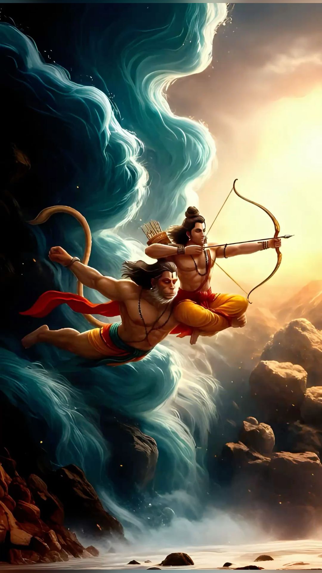 Ram and Hanuman flying with mountain