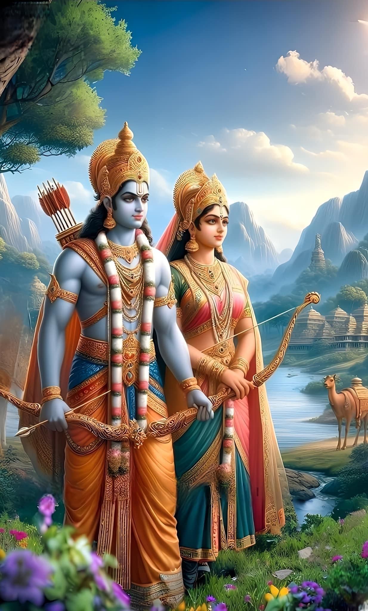 Lord Ram and Sita standing in a forest