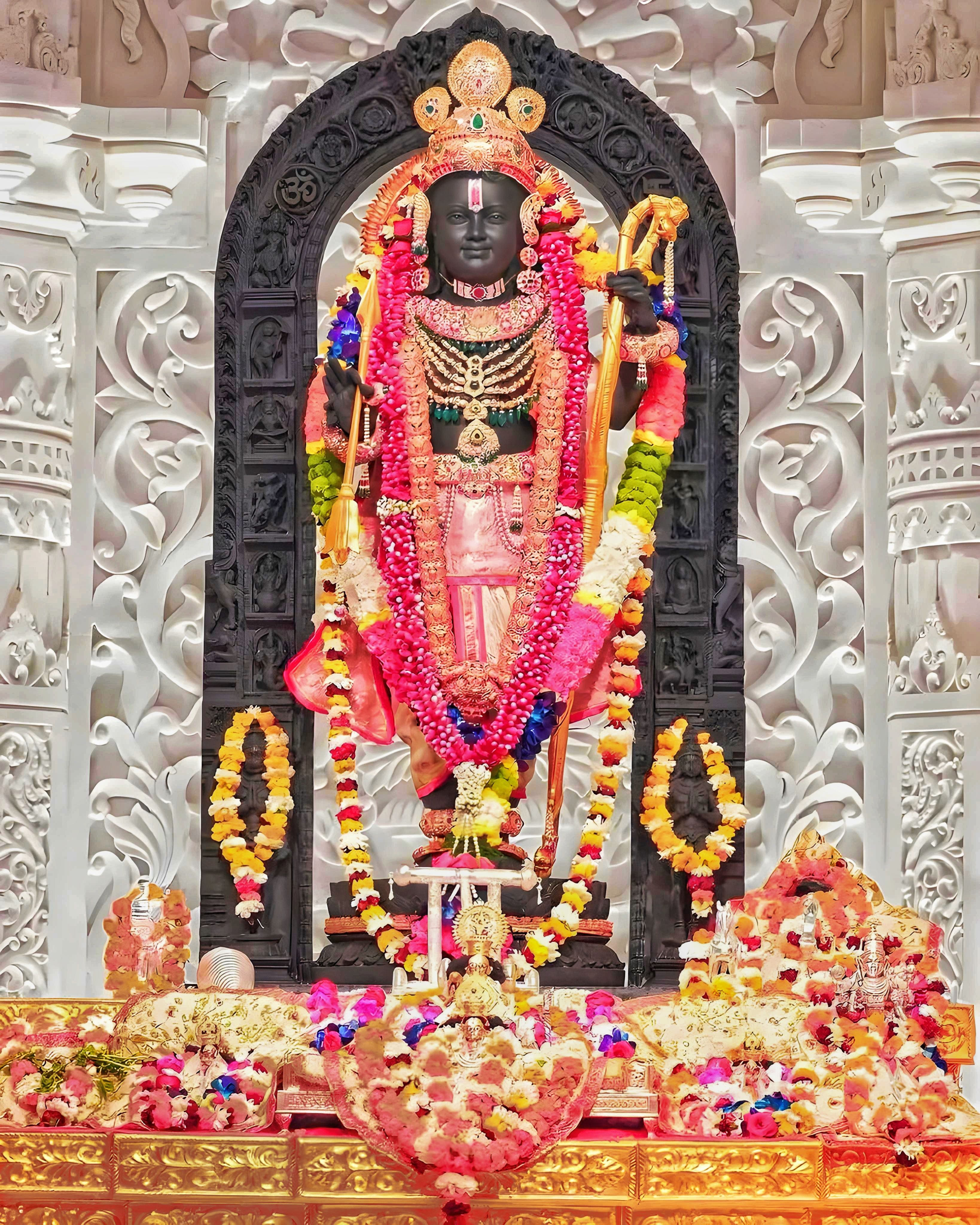 Floral adorned Shri Ram statue in temple