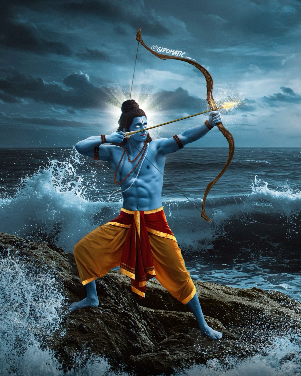 Lord Ram aiming arrow ocean background