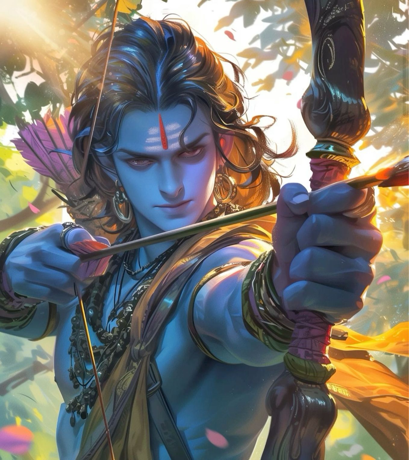 Lord Ram drawing his bow, divine warrior