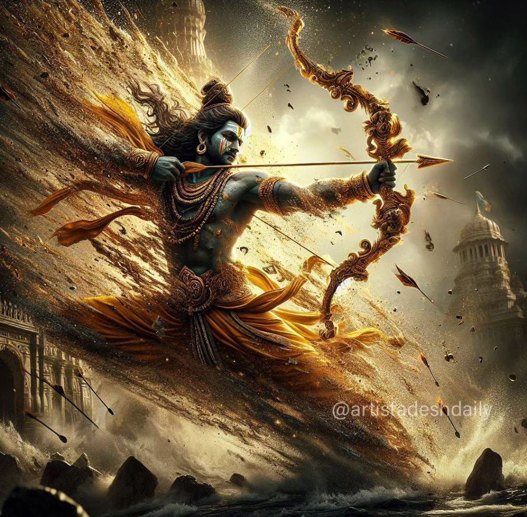 Lord Ram drawing his bow in battle