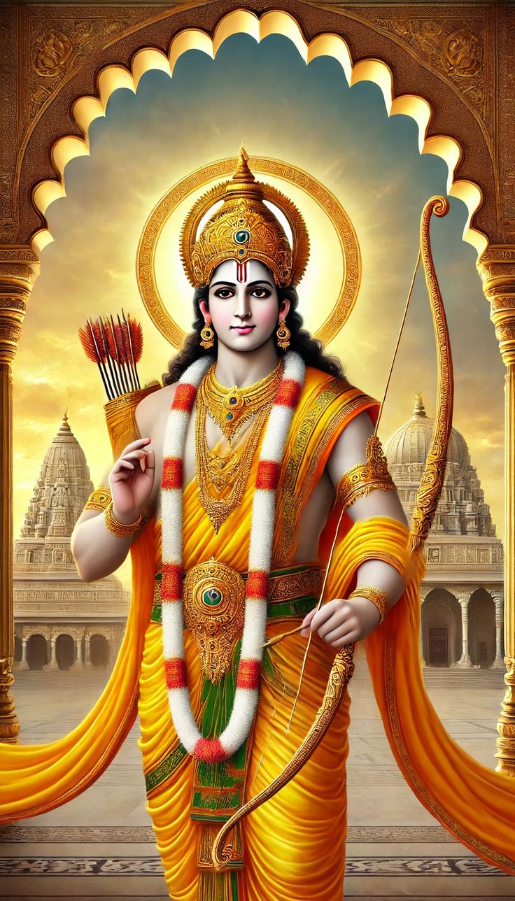 Lord Ram stands with bow and arrow