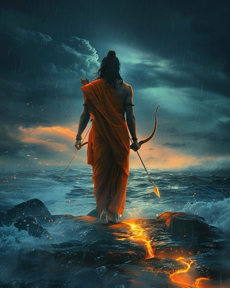 Lord Ram stands with bow amid storm
