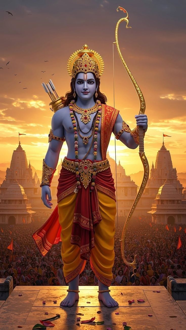 Lord Ram stands with bow and arrow.