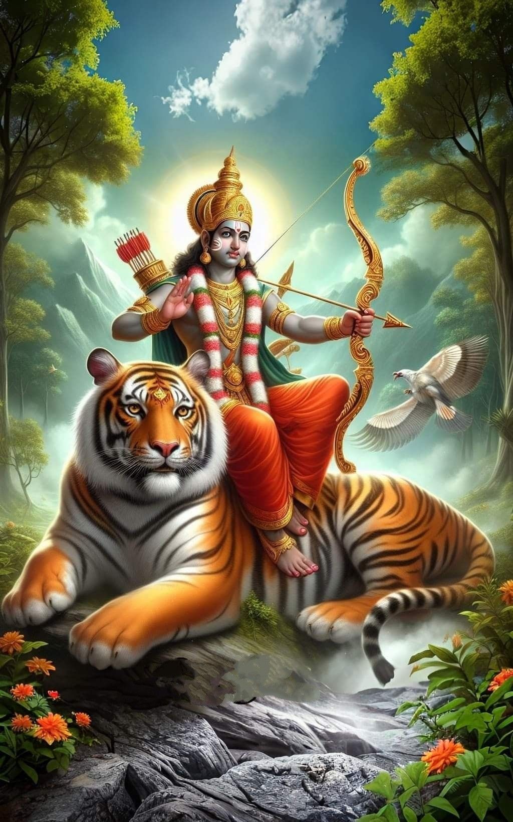 Lord Ram poised with bow and tiger