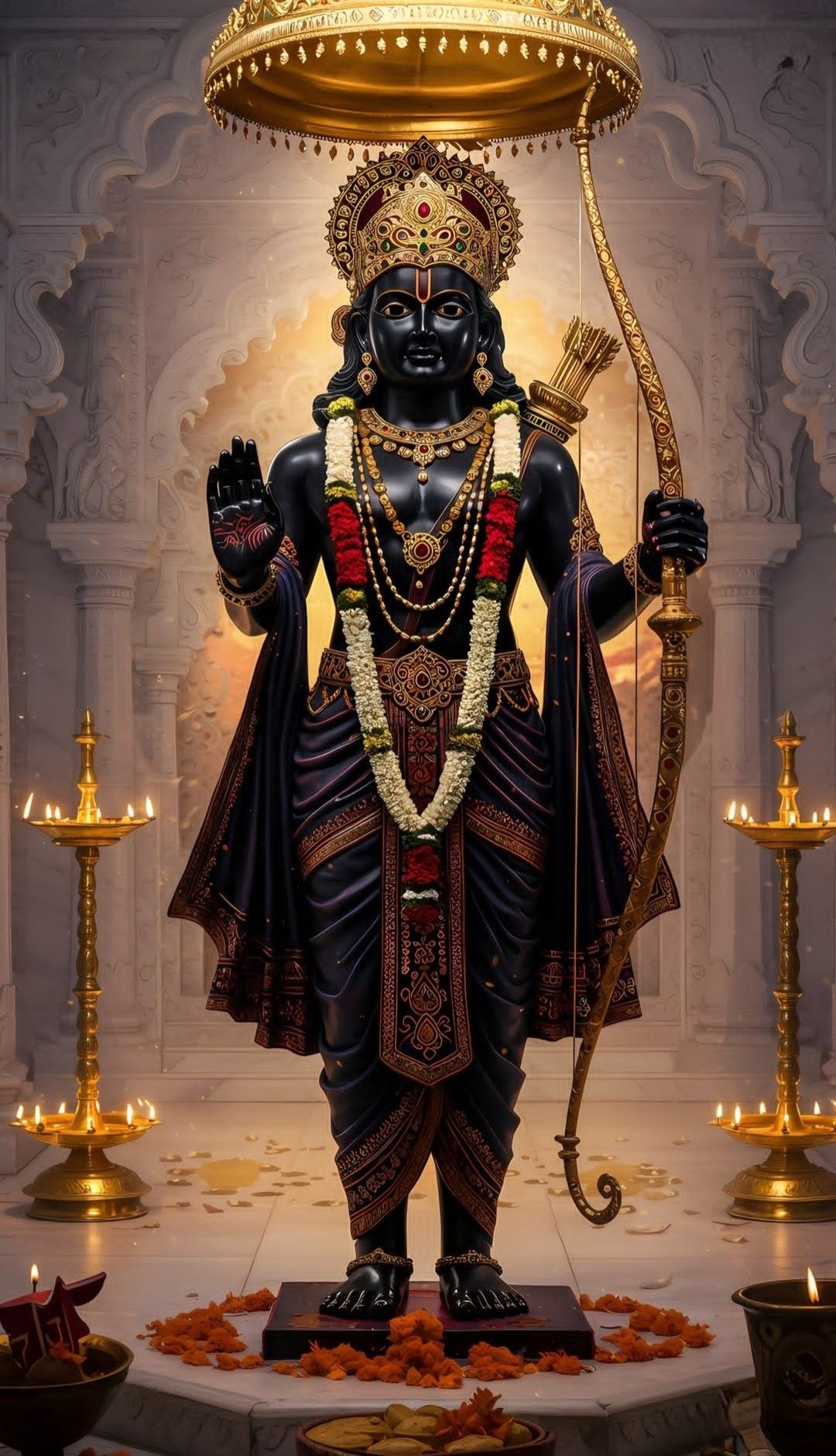 Lord Ram stands with bow and arrow