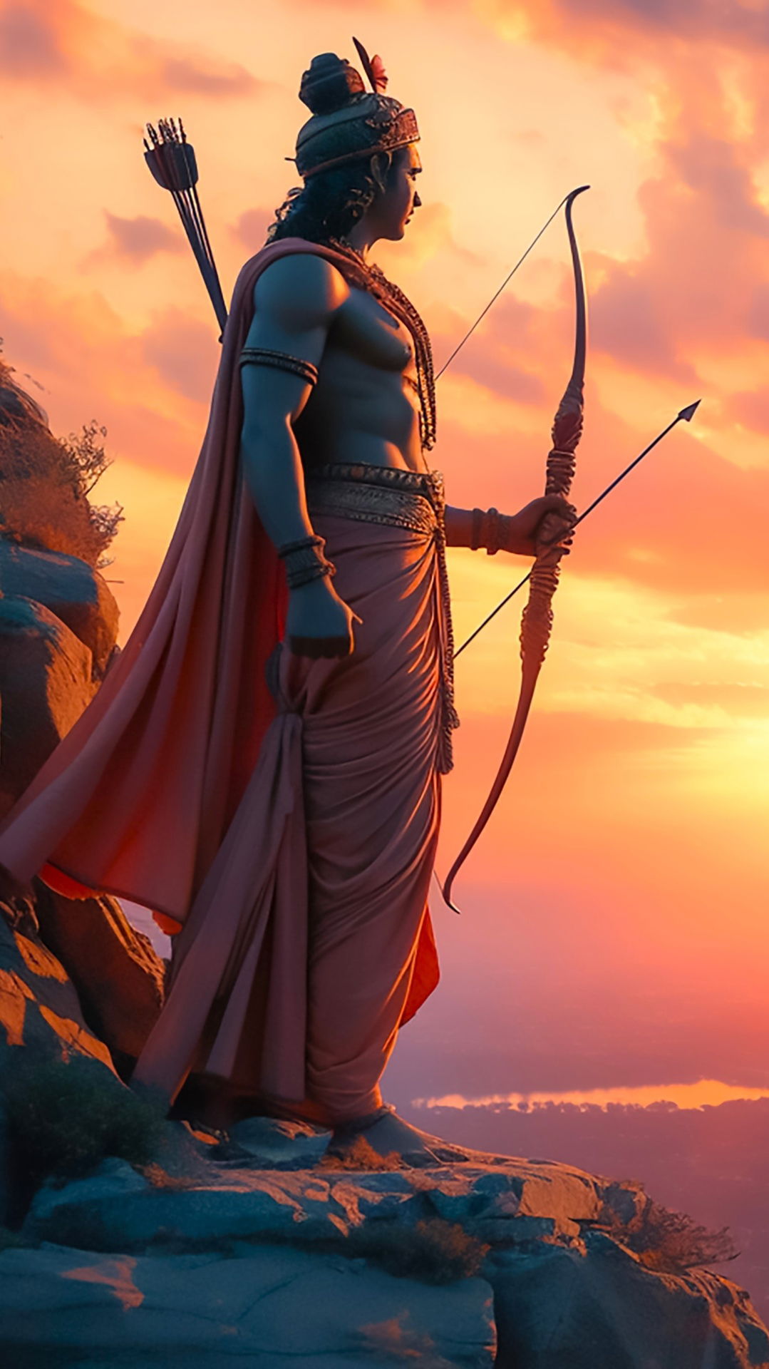 Lord Ram stands with bow and arrow.