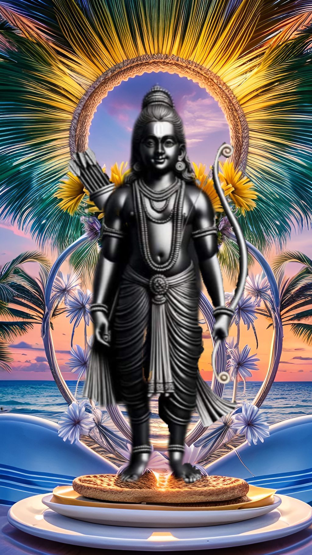 Lord Ram with bow and arrow at beach
