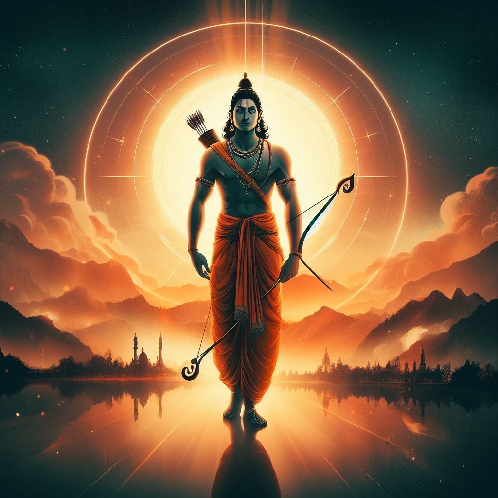 Lord Ram with bow and arrow, divine.
