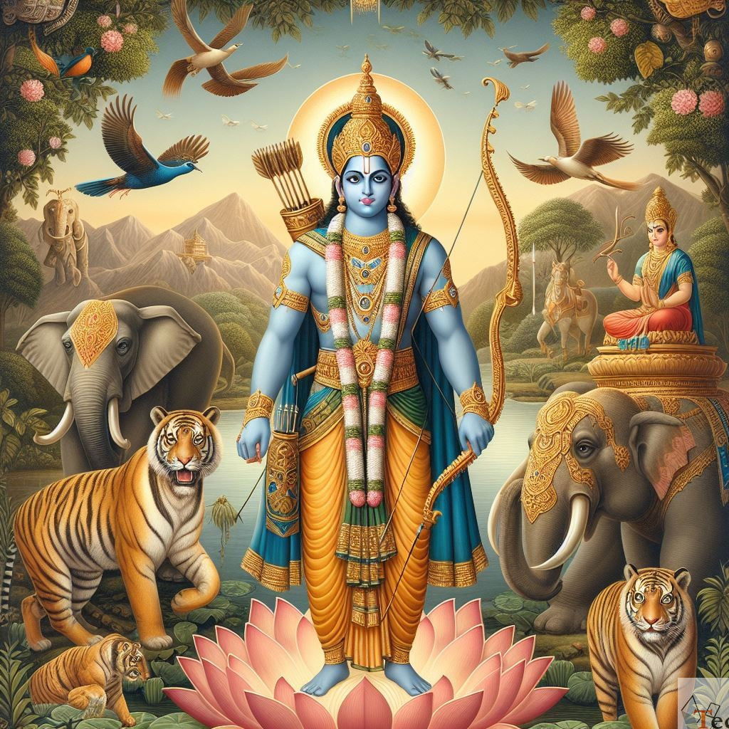 Lord Ram with bow and forest animals