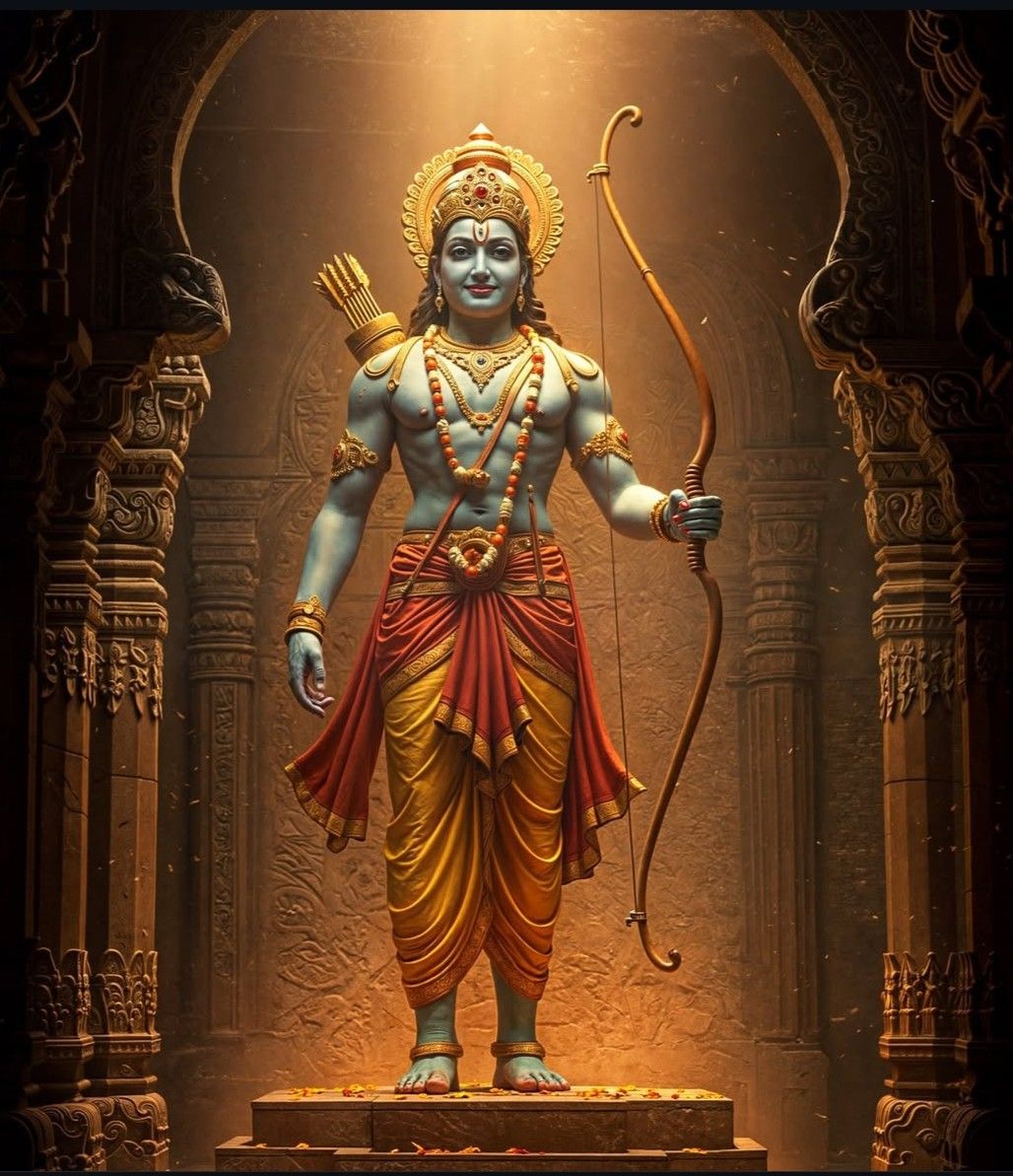 Lord Ram with bow and arrow stands firm