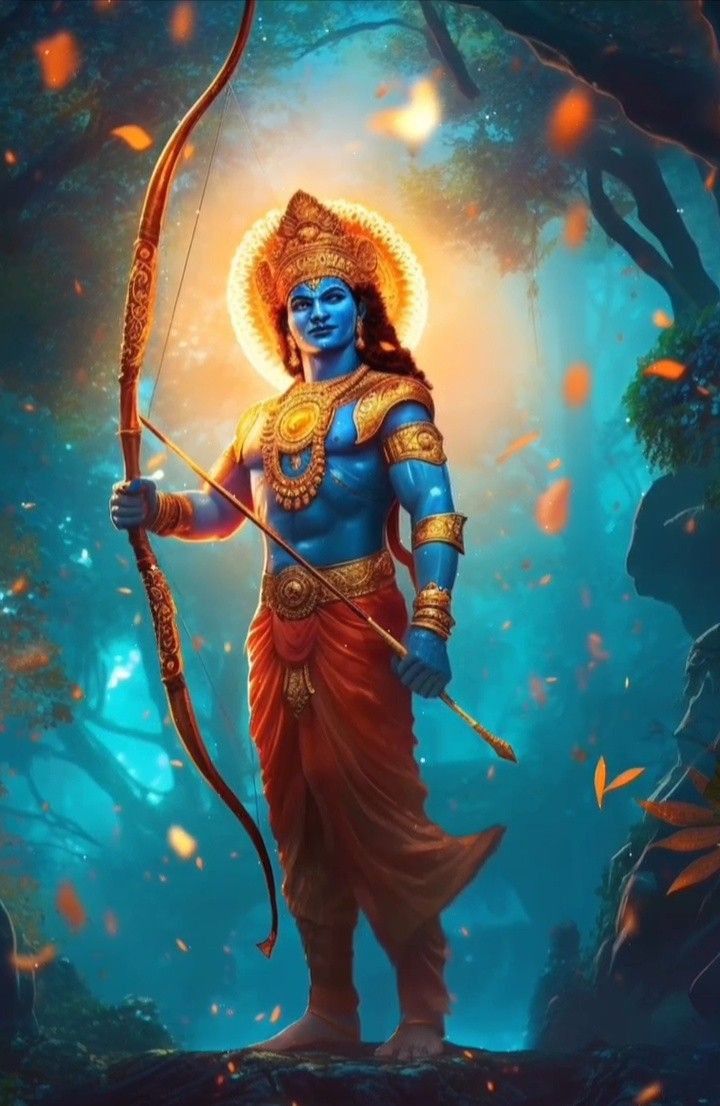Lord Ram poised with bow and arrow.