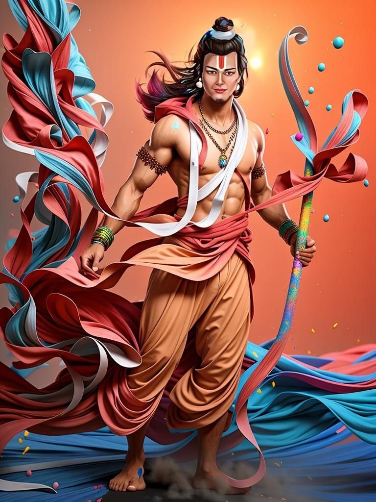 Lord Ram poised with bow and arrow.