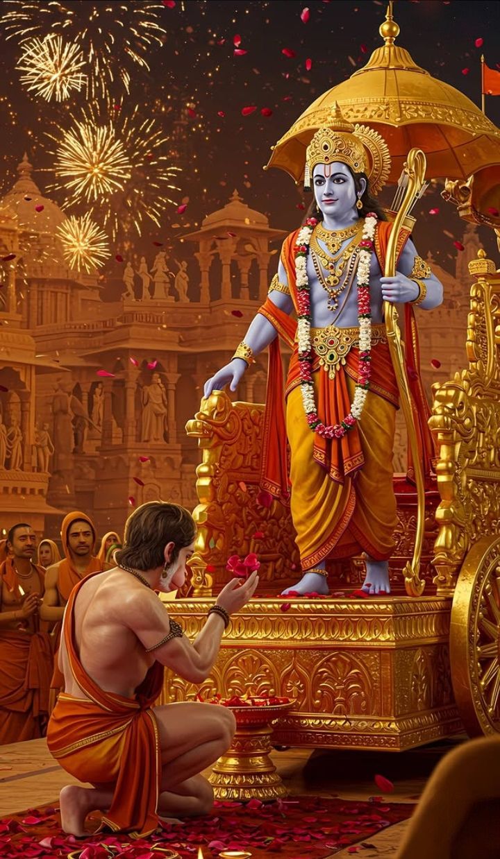 Lord Ram on golden chariot, fireworks display