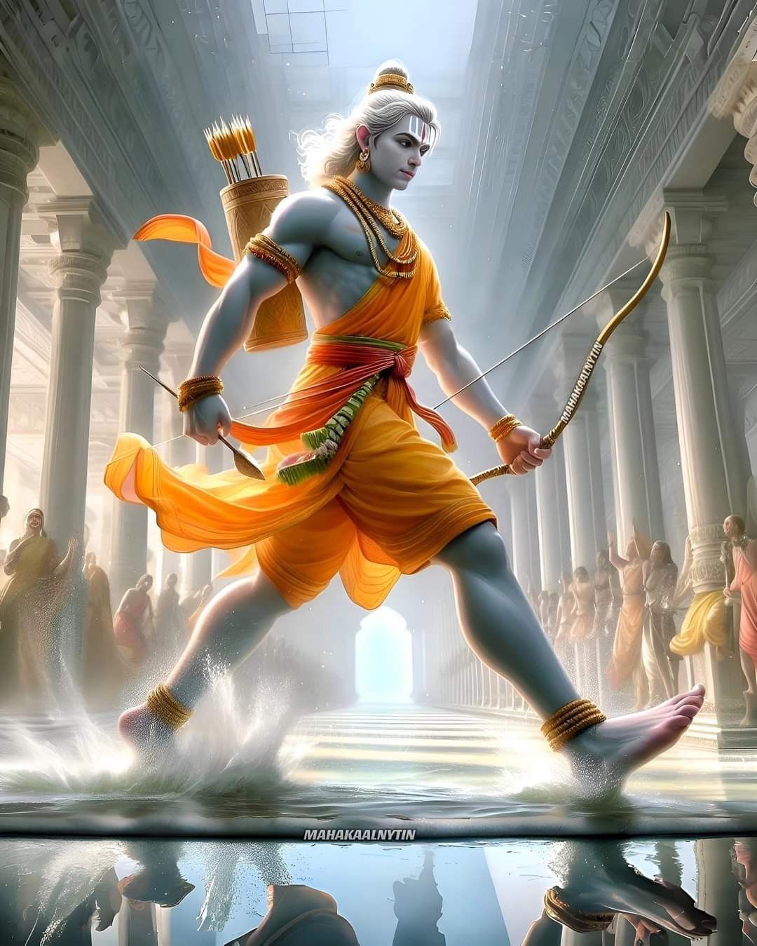 Lord Ram poised with bow and arrow.