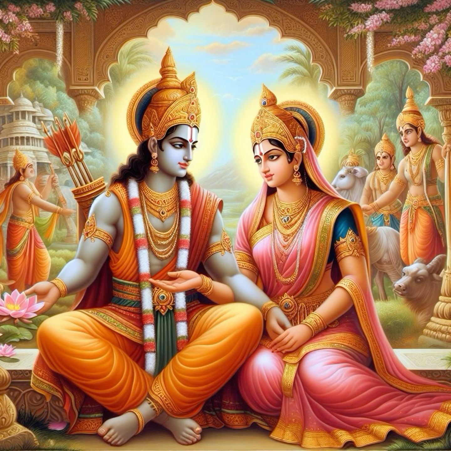 Ram and Sita seated in a forest.