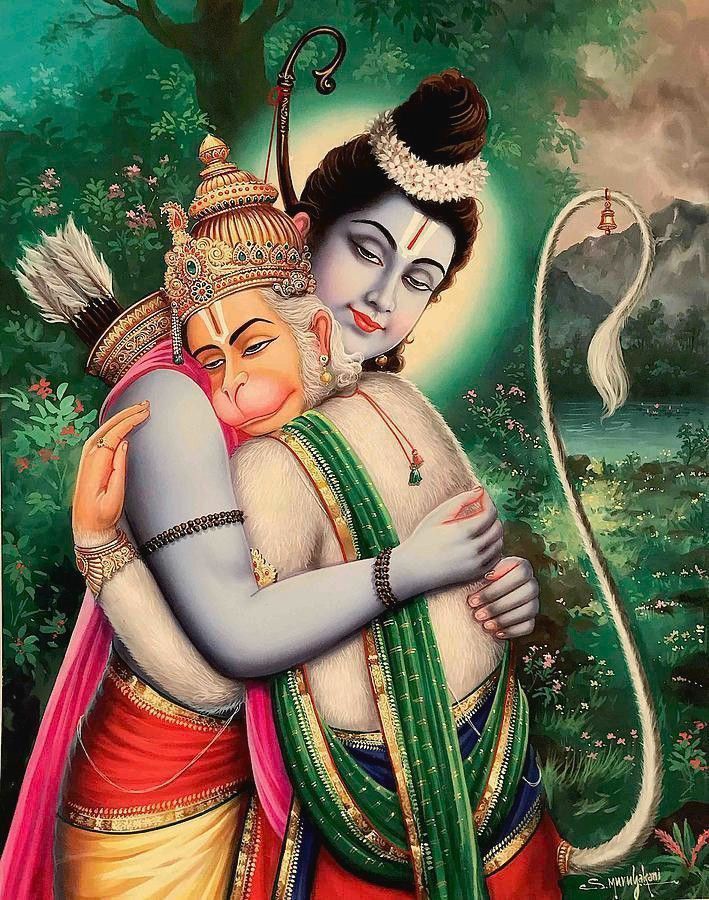 Ram embraces Hanuman in forest scene