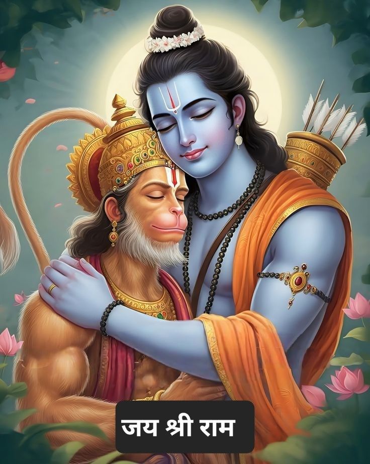 Lord Ram and Hanuman in loving embrace
