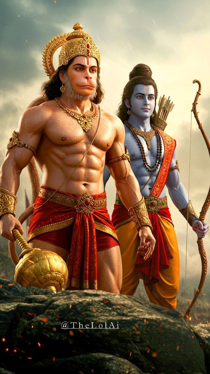 Lord Ram with Hanuman holding a stone