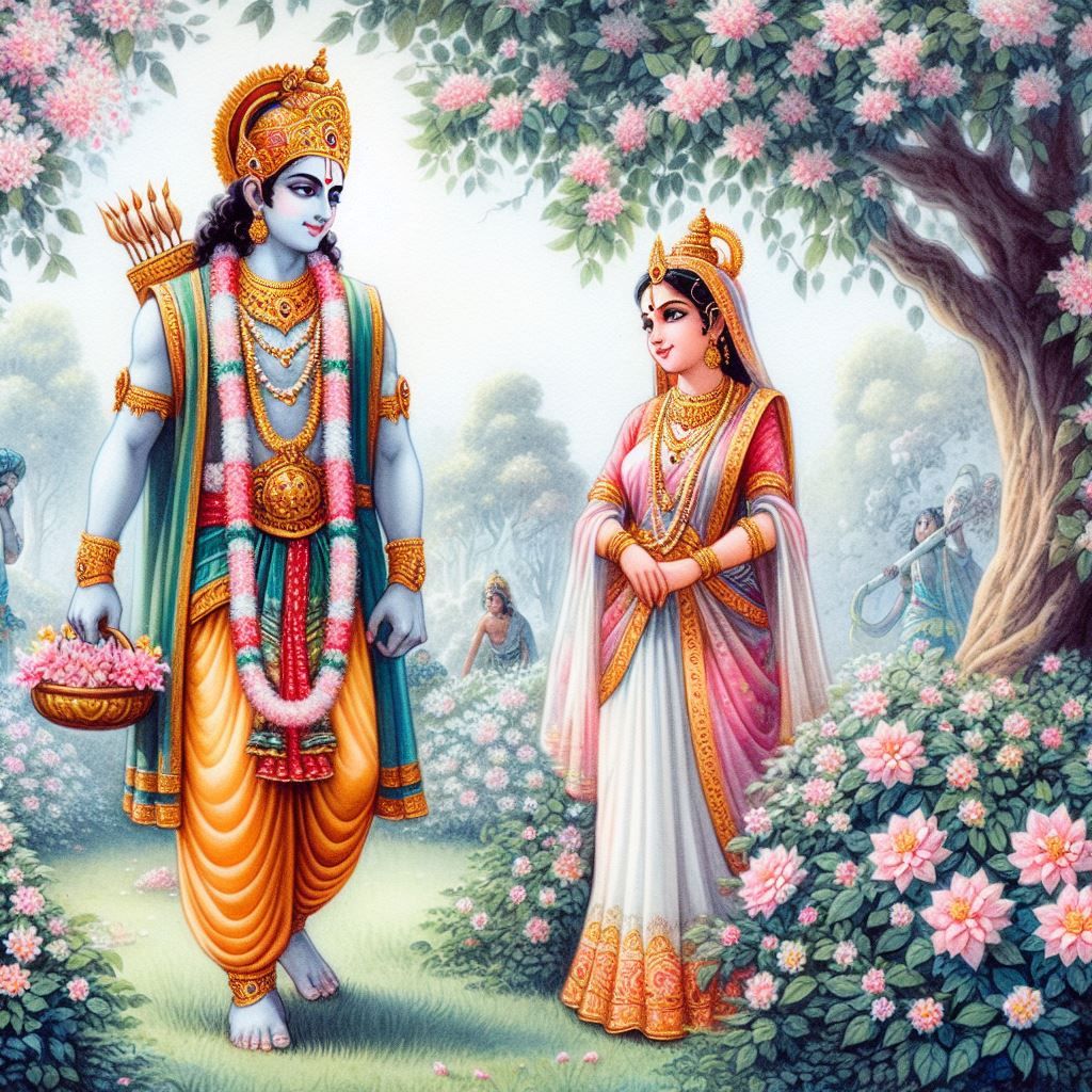 Lord Ram and Sita in a flower garden