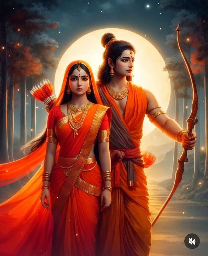 Ram and Sita stand beneath a full moon.