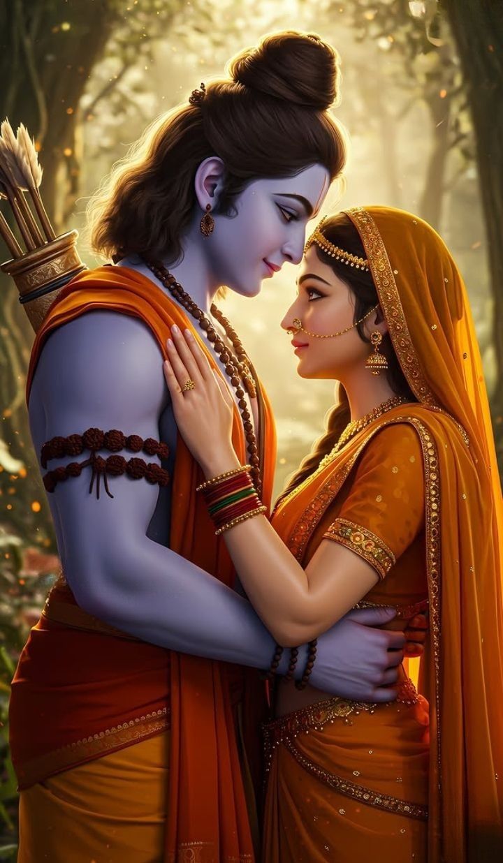 Ram and Sita embracing in forest.