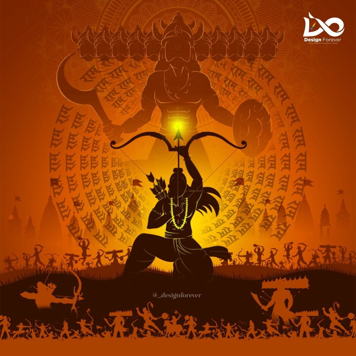 Lord Ram drawing his bow, divine silhouette.