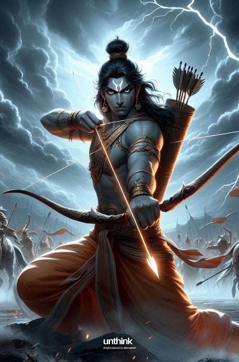 Lord Ram aiming arrow battlefield