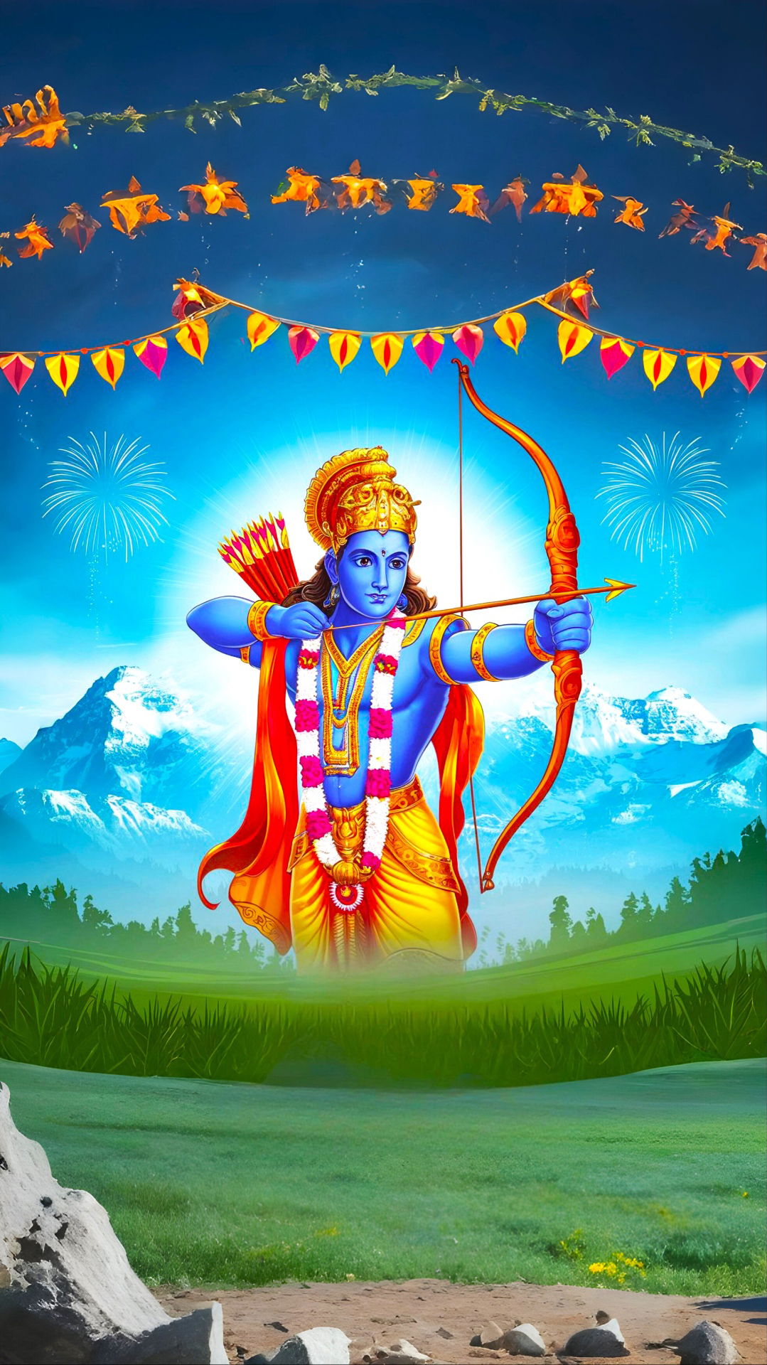 Lord Ram aiming with bow and arrow.