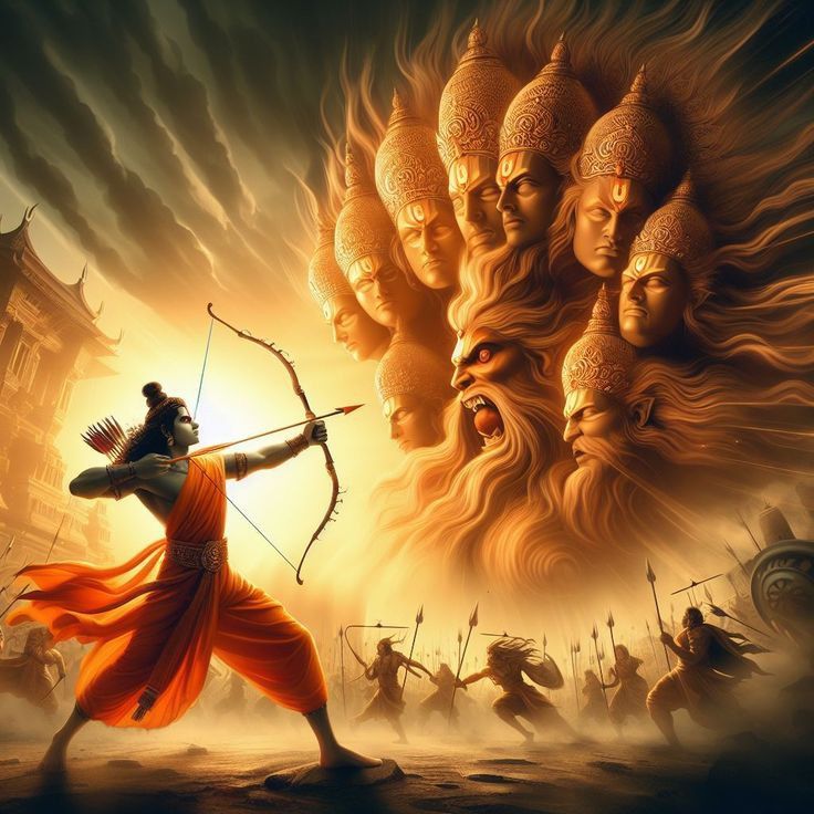 Lord Ram aiming arrow during battle.