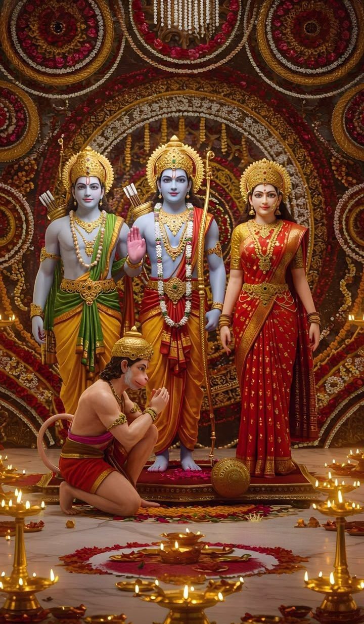 Ram, Sita, Lakshman, and Hanuman devotional scene.