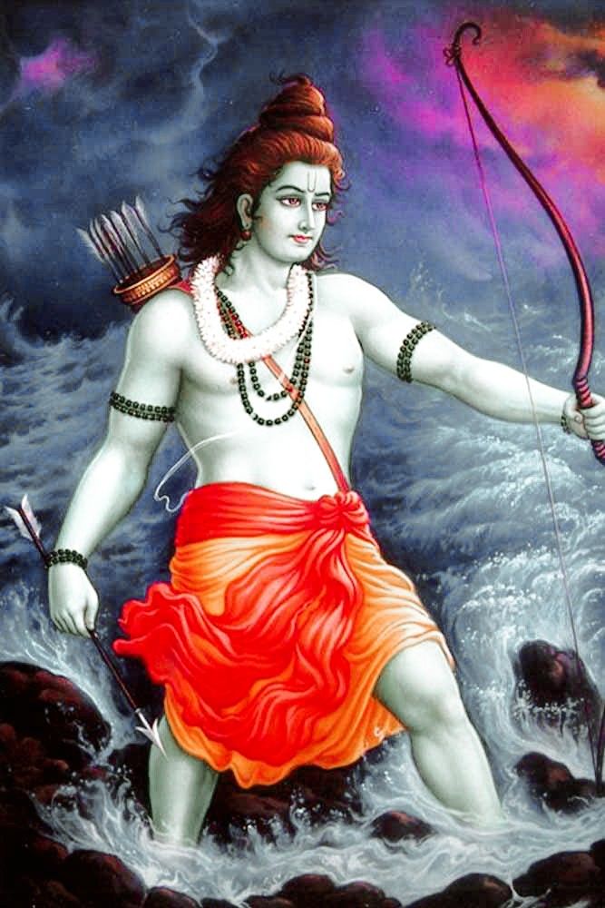 Lord Ram poised with bow and arrow.