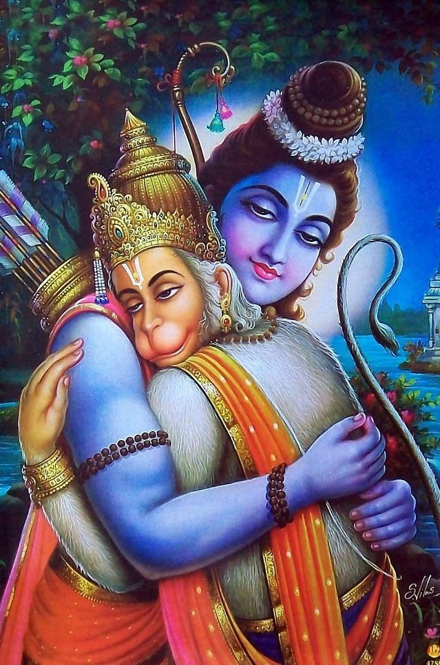 Lord Ram and Hanuman embrace devotionally