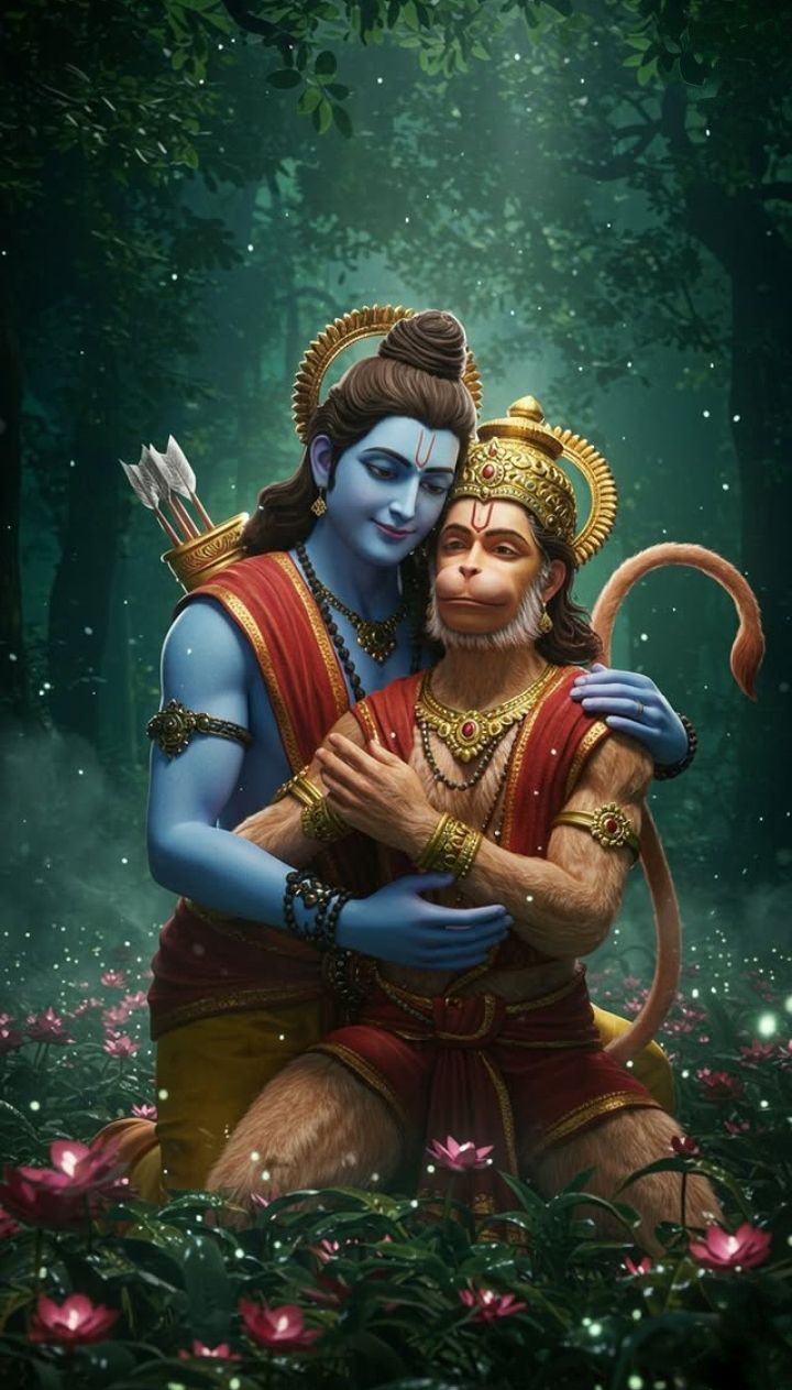 Ram and Hanuman embrace in forest