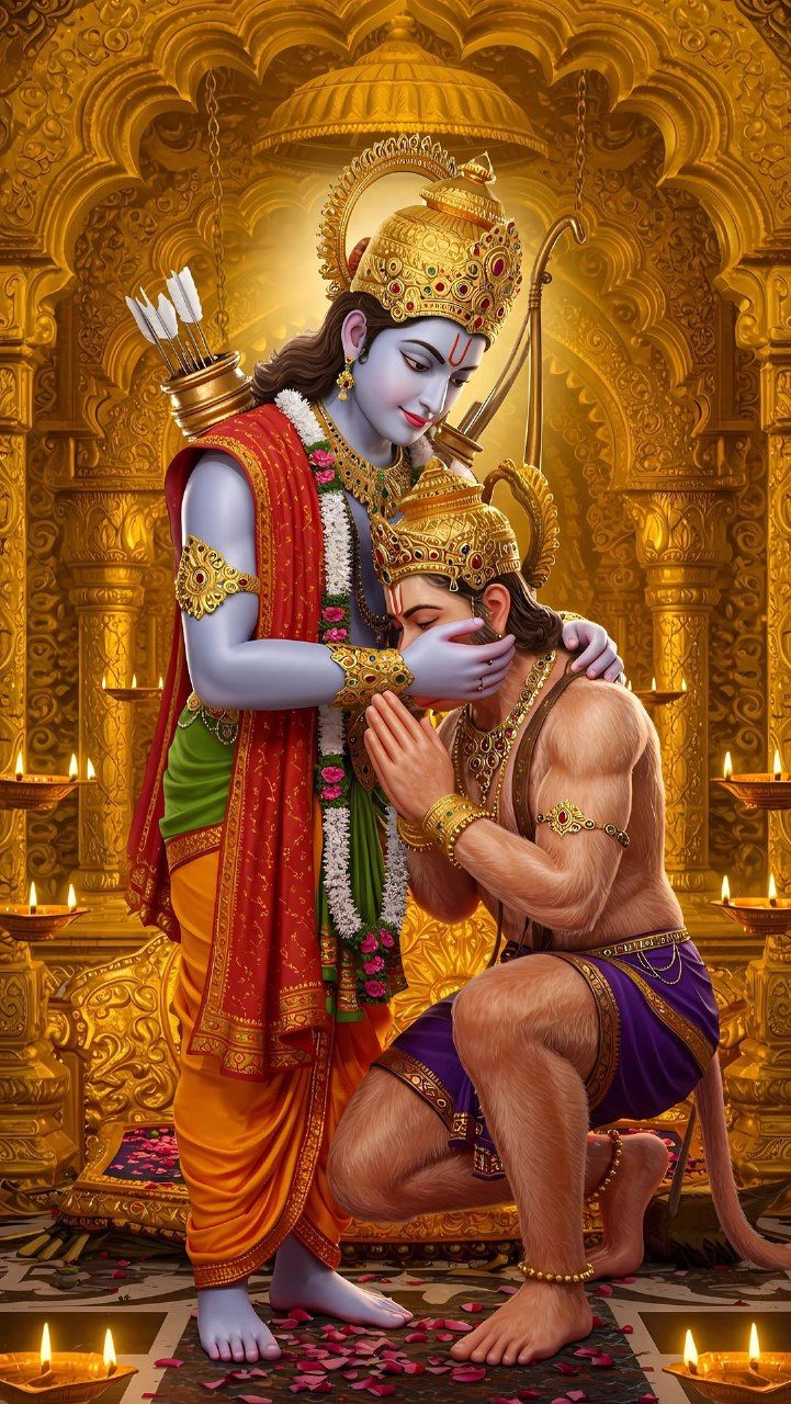 Ram embraces Hanuman in golden temple
