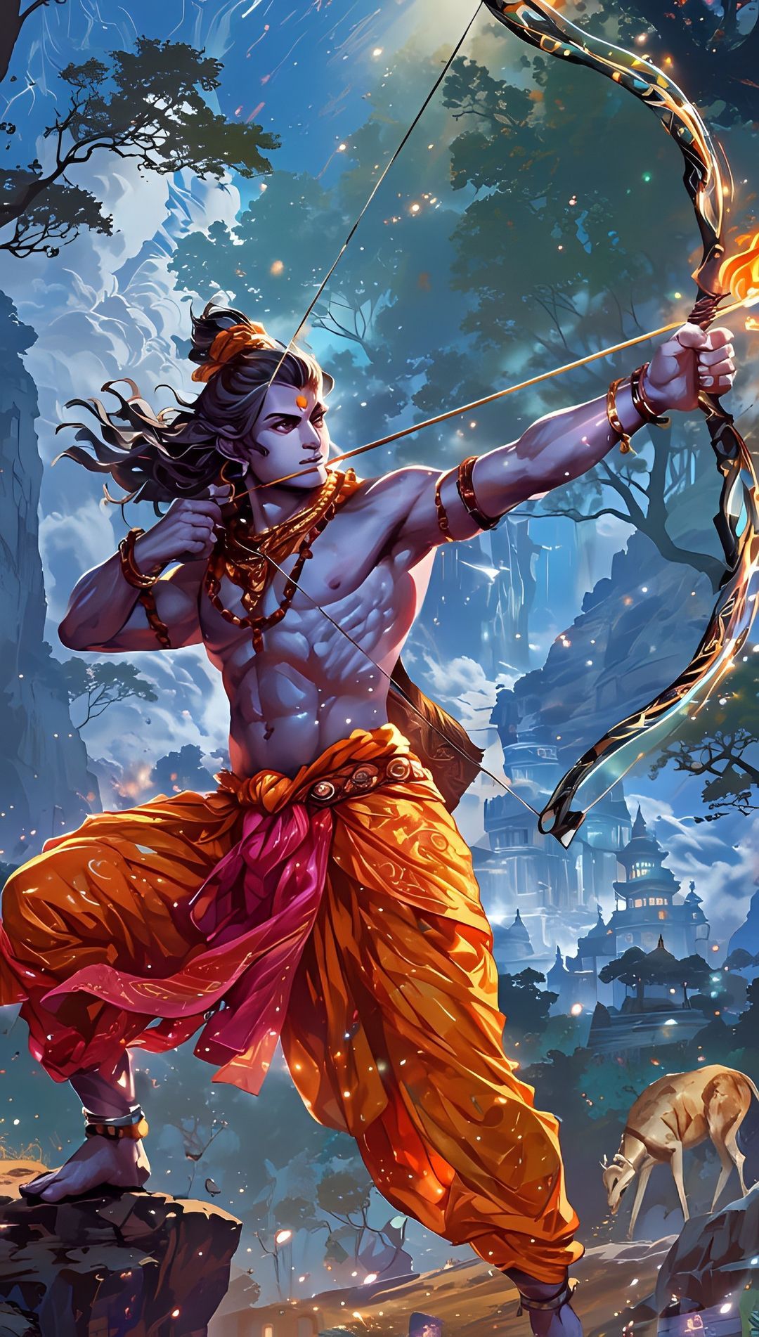 Lord Ram aims arrow, divine warrior