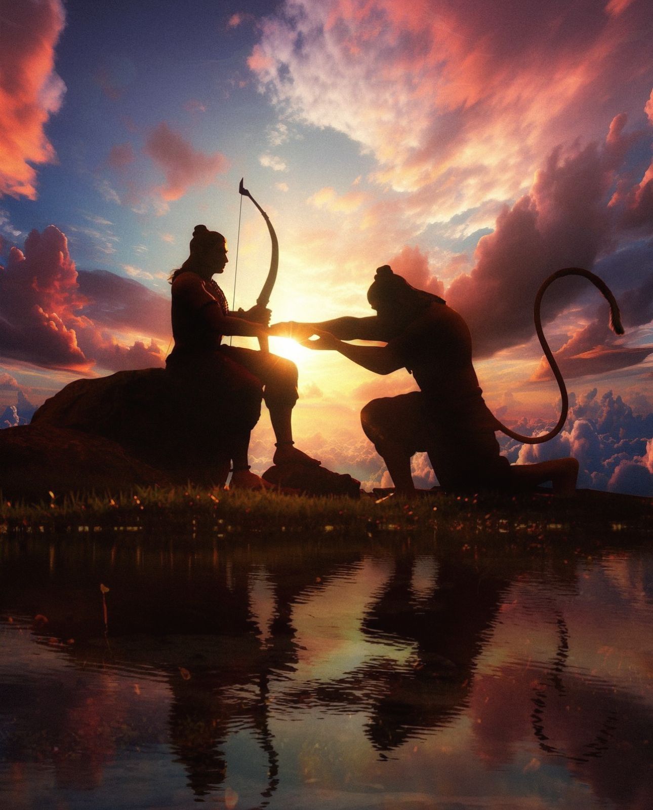 Ram and Hanuman silhouette at sunset