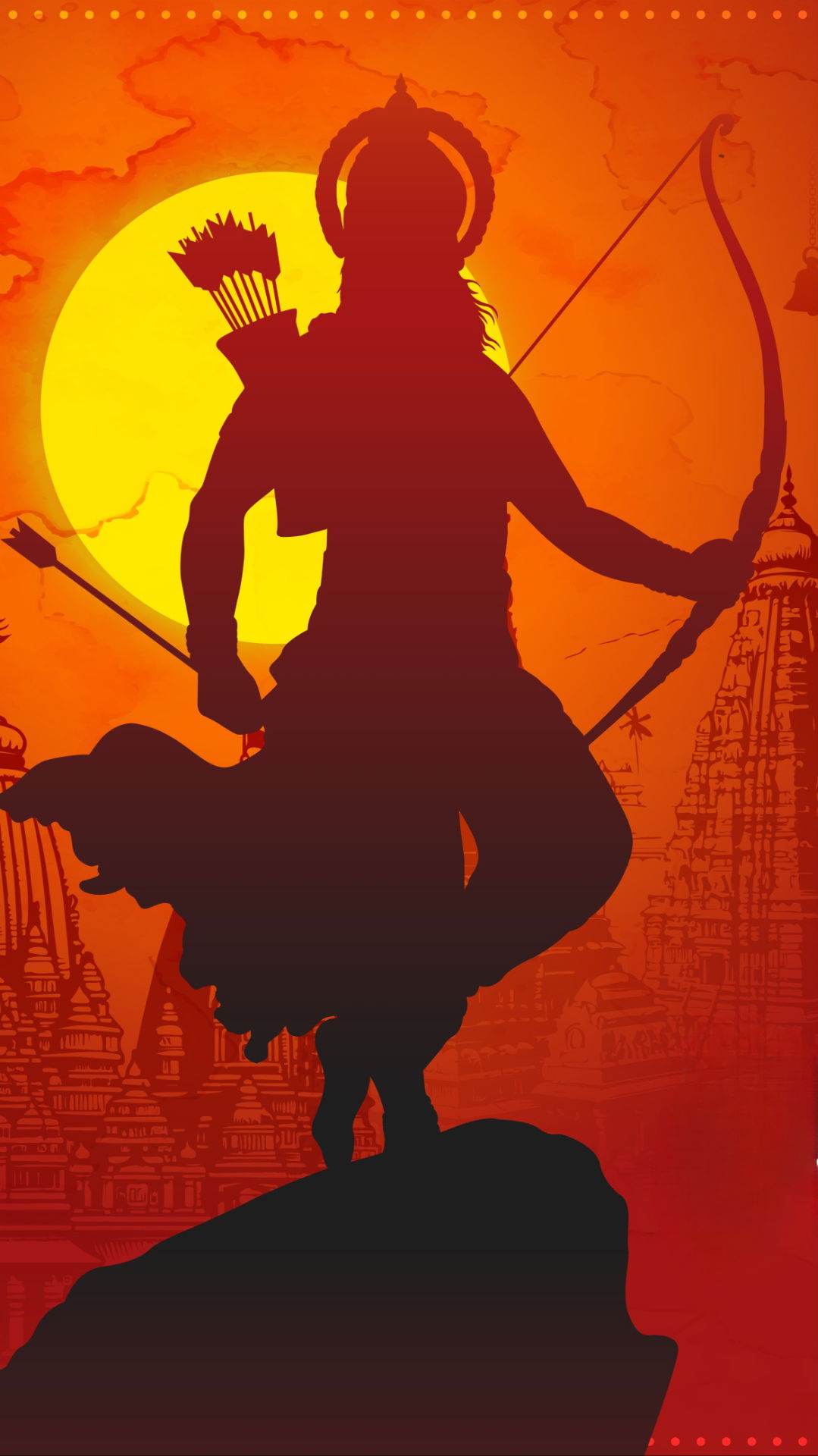 Lord Ram stands with bow and arrow.