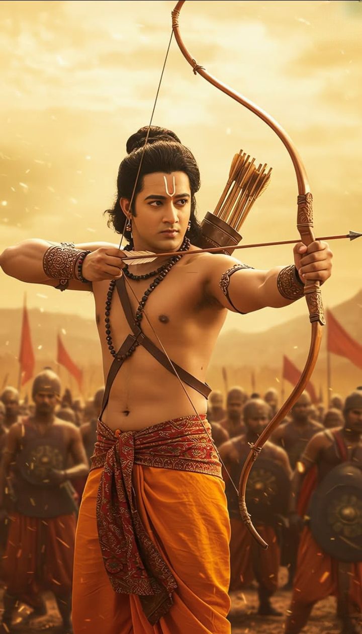 Lord Ram aiming arrow during battle