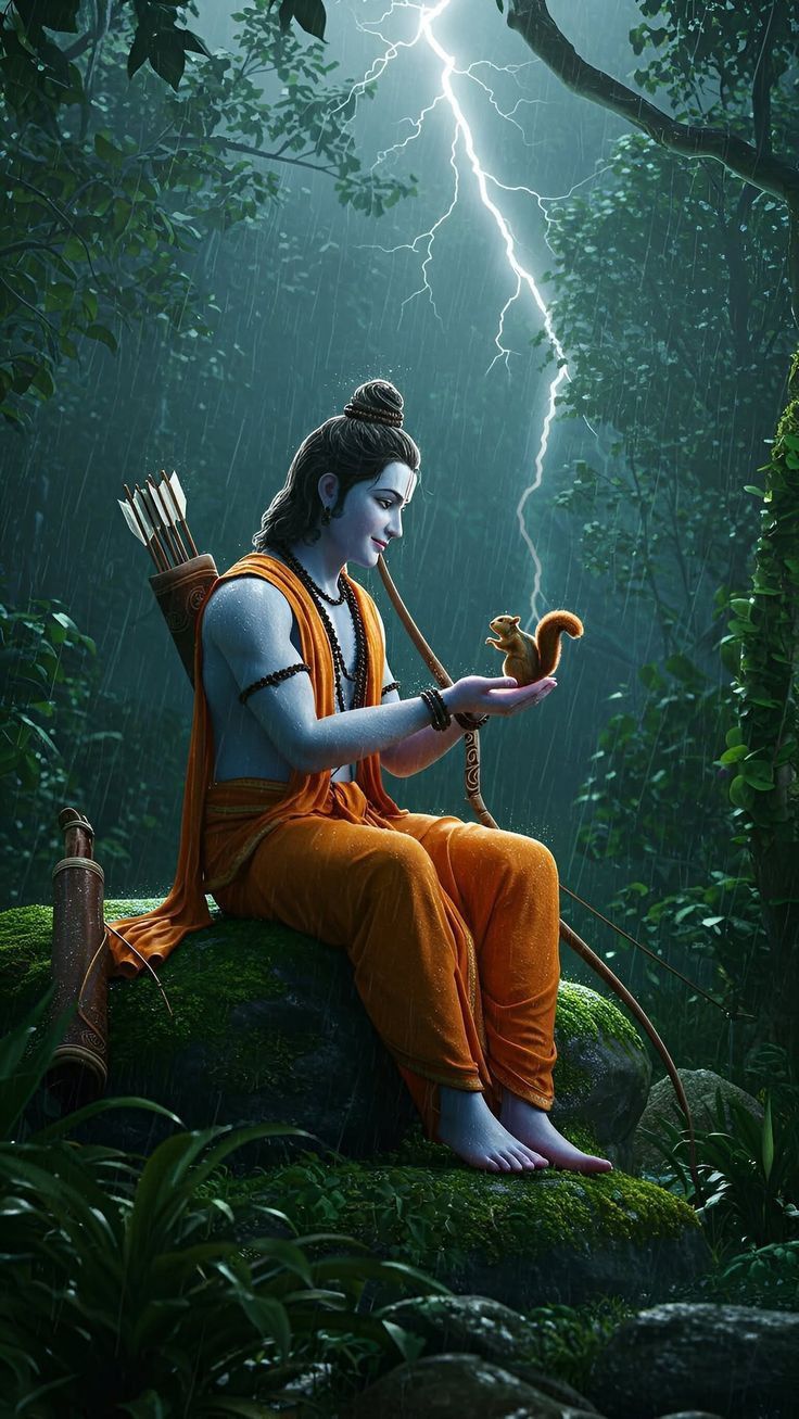 Lord Ram with squirrel in forest