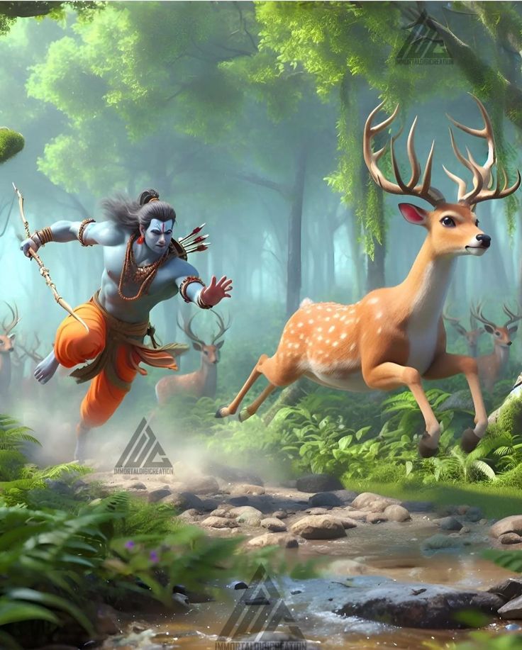 Lord Ram chases a deer with Hanuman