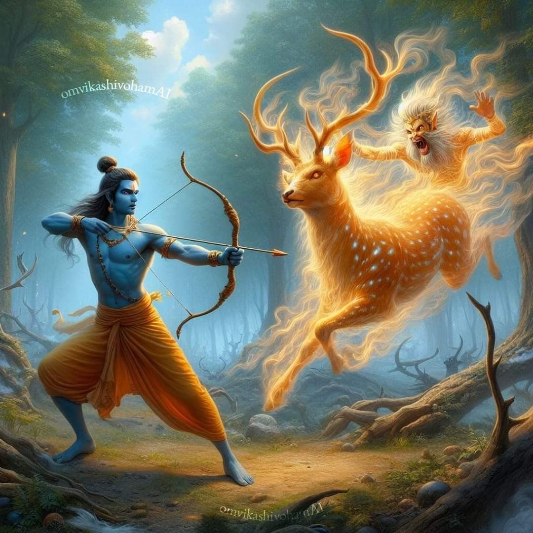Lord Ram aiming arrow in forest
