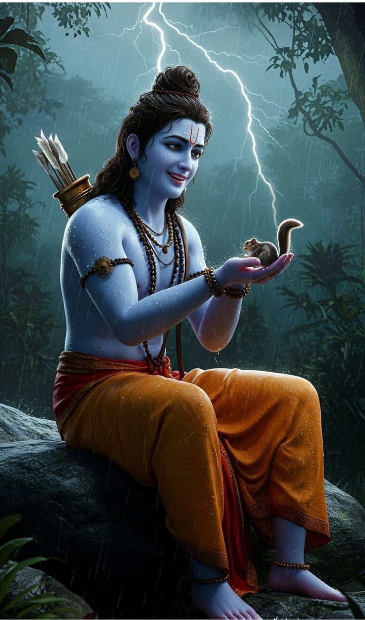 Lord Ram with a squirrel during monsoon