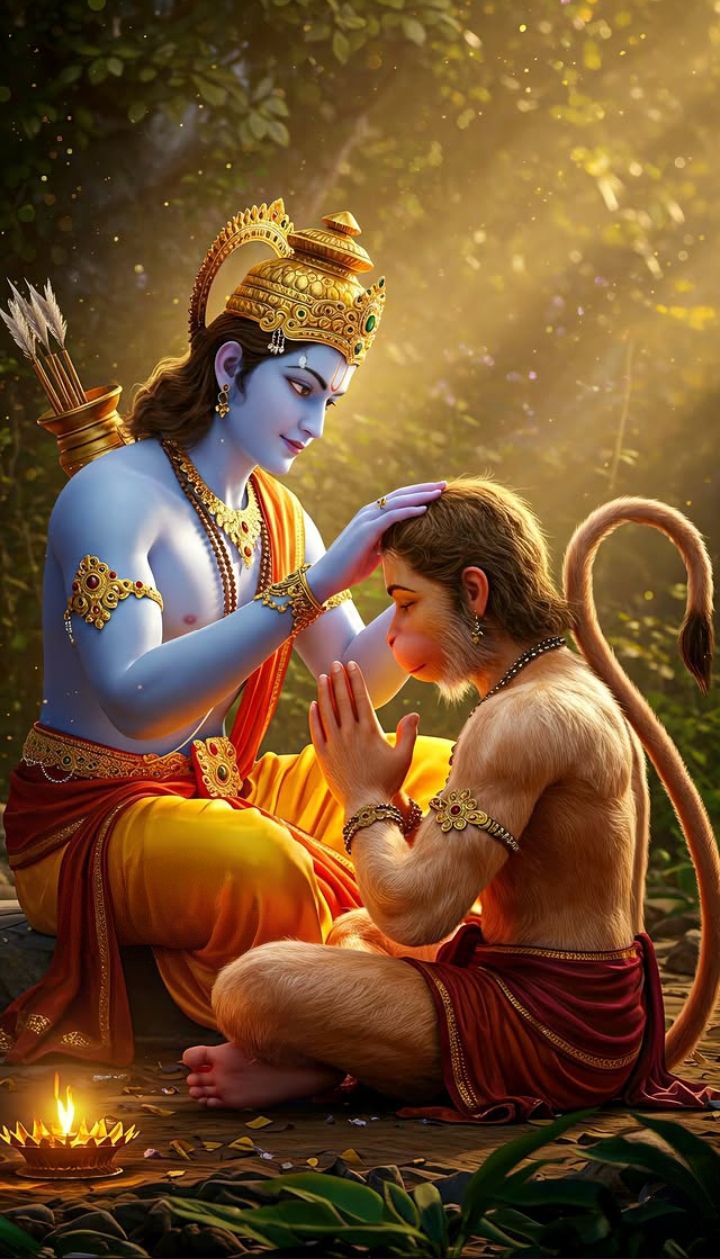 Lord Ram with Hanuman in forest scene.