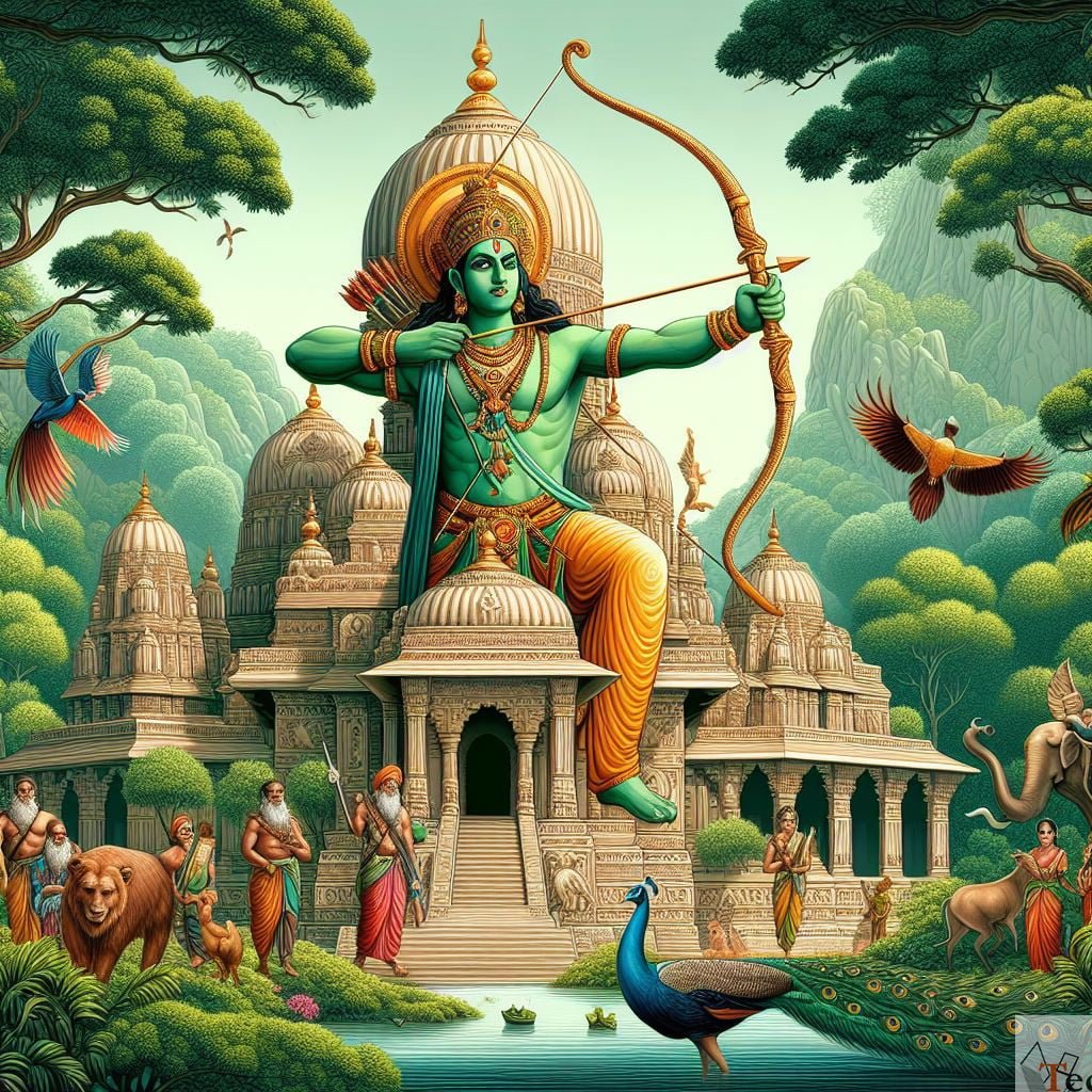 Lord Ram ascending with bow and arrow