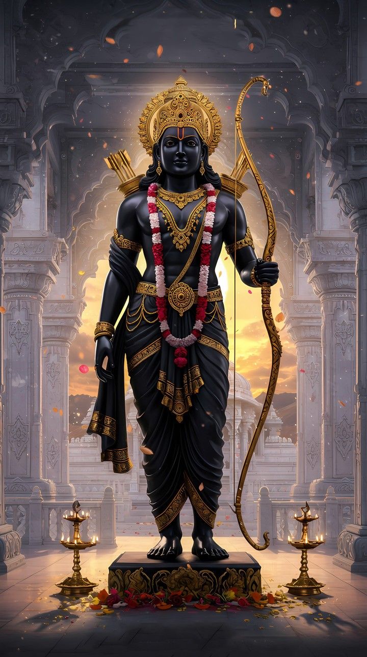 Lord Ram stands with bow and arrow