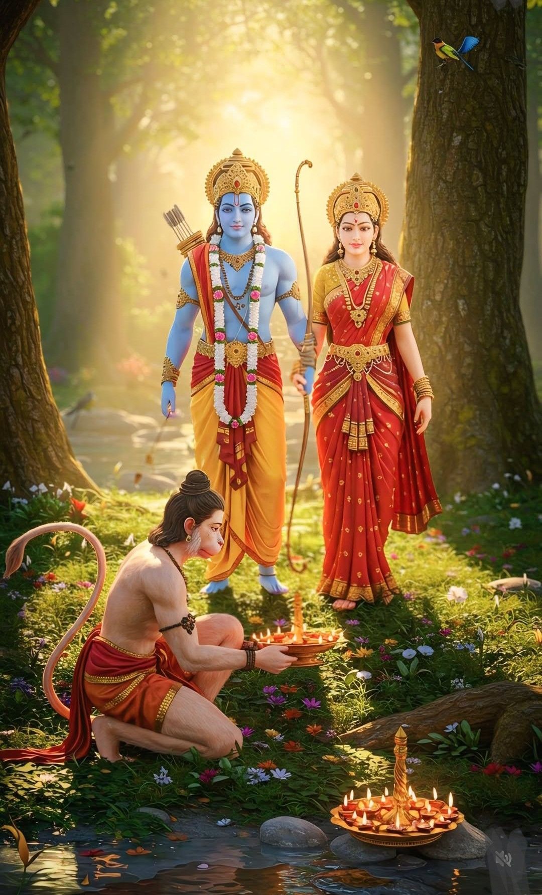 Lord Ram, Sita, and Hanuman in forest