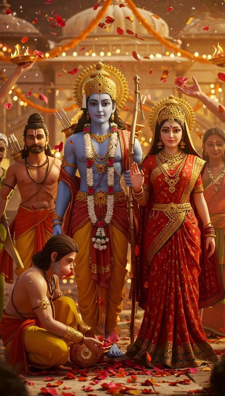 Lord Ram returns to Ayodhya with Sita.