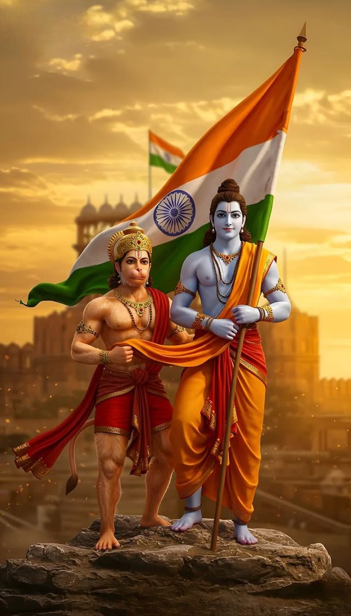 Ram and Hanuman with Indian Flag